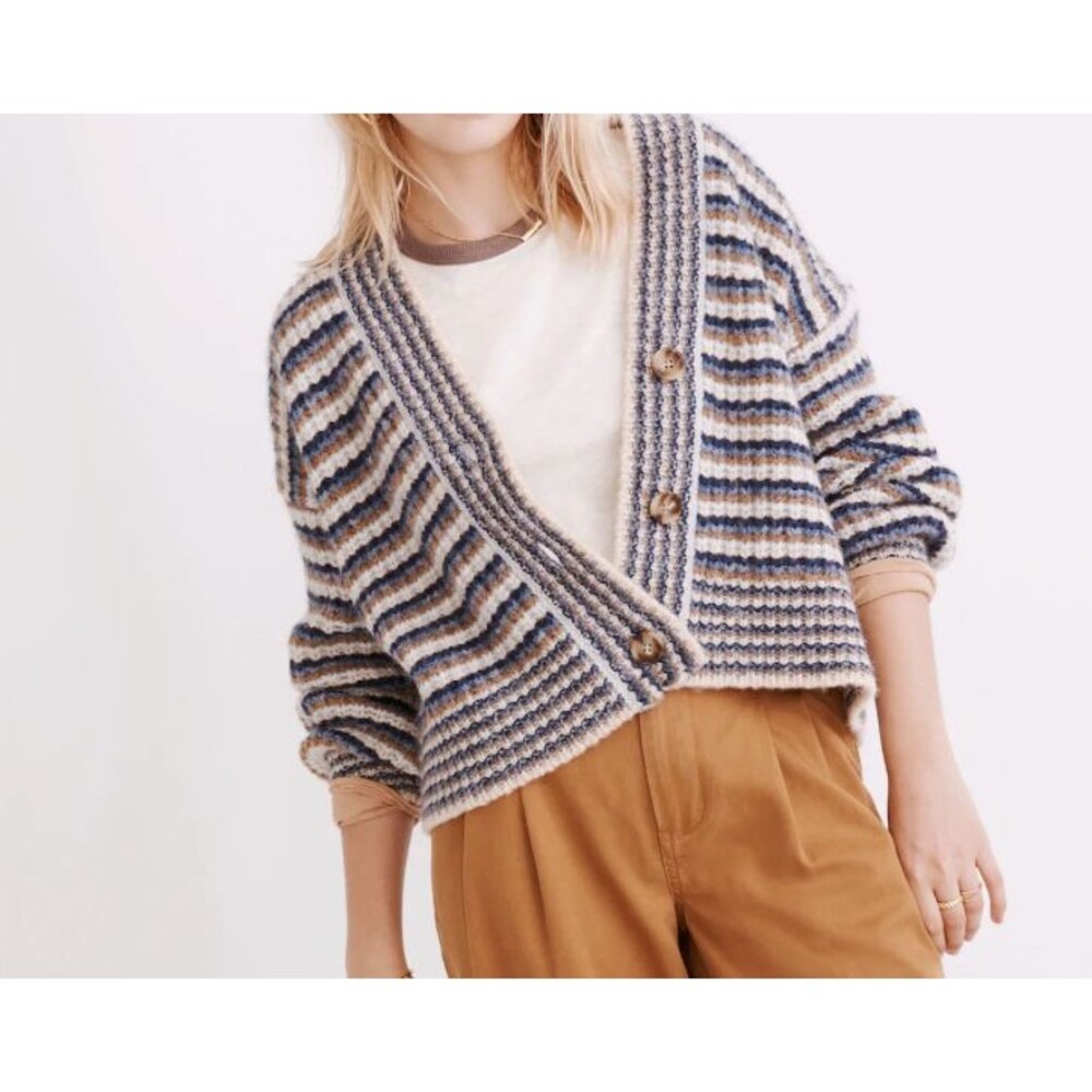 Madewell Women's Waller Crop Cardigan Sweater Striped Heather Cloudburst Large